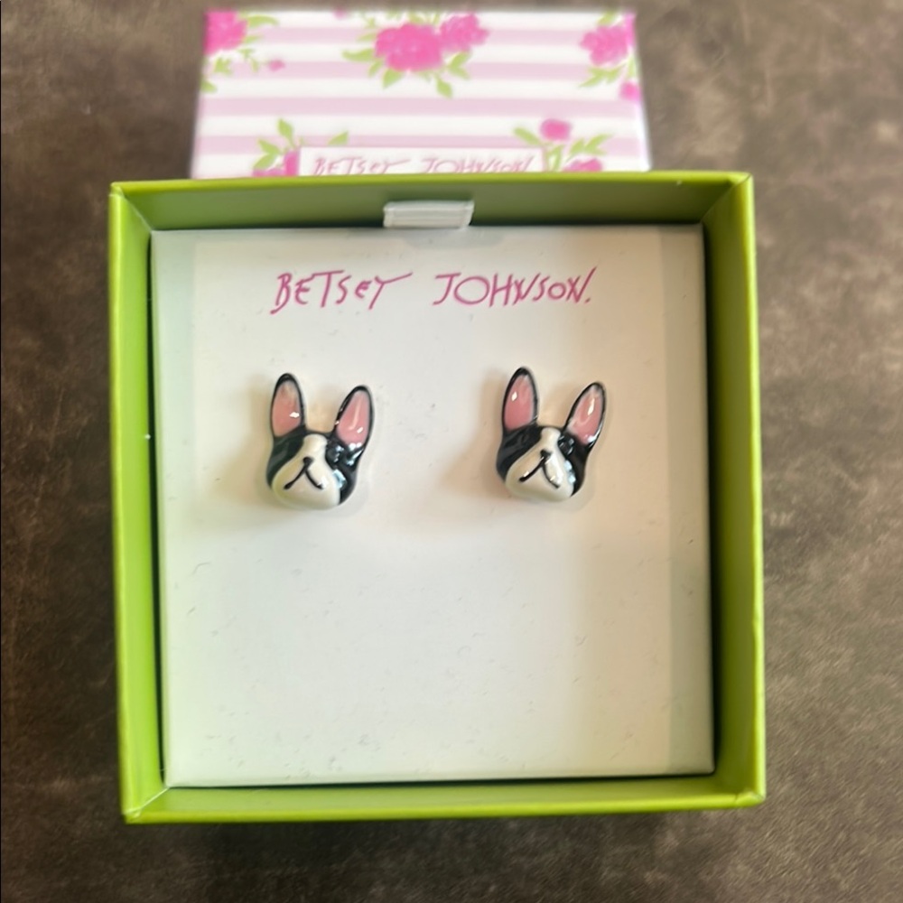 Betsey Johnson Black and Pink French Bulldog Earrings - New in Box